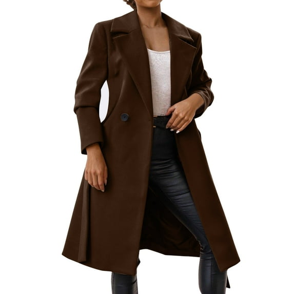 CILENON Long Jackets for Women Trendy Women's Faux Wool Coat Blouse Thin Coat Trench Long Jacket Ladies Slim Long Belt Elegant Overcoat Outwear (Brown,S)