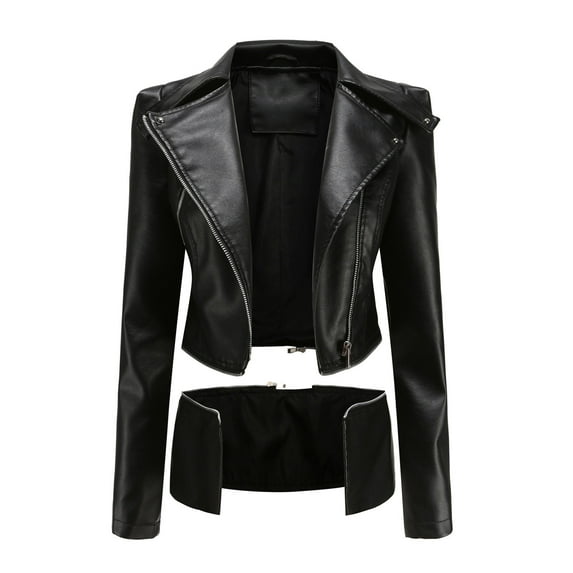CILENON Long Jackets for Women Trendy Women Cool Faux Leather Jacket Long Sleeve Zipper Fitted Coat Fall Short Jacket (Black,XL)