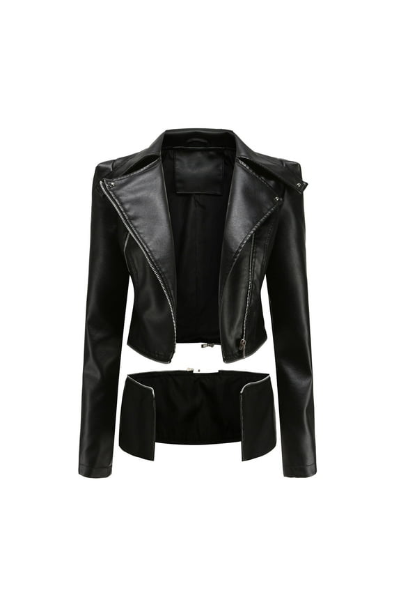 Long Jackets for Women Trendy Women Cool Faux Leather Jacket Long Sleeve Zipper Fitted Coat Fall Short Jacket (Black,XXL)