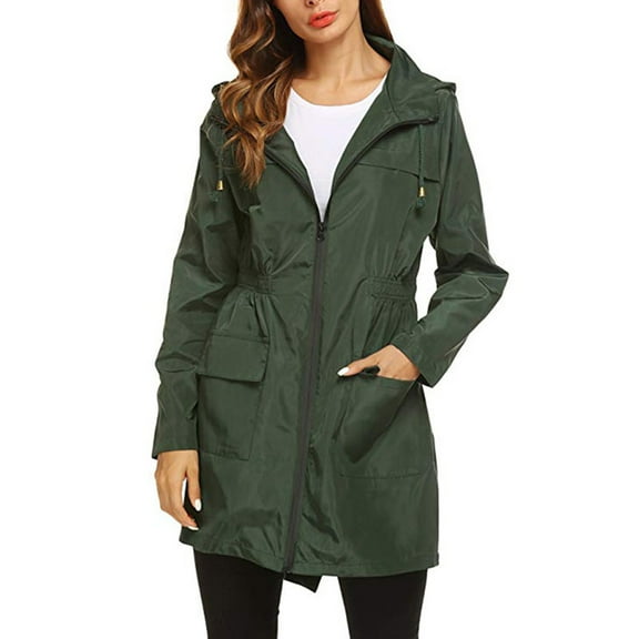 CILENON Long Jackets for Women Trendy Women's Solid Rain Jacket Outdoor Jackets Waterproof Hooded Raincoat Windproof (Army Green,M)