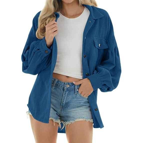 CILENON Long Jackets for Women Trendy Womens Corduroy Jacket Winter Shirt Turtleneck Coat Casual Jackets Warm Jacket With Button (Navy Blue,XXL)
