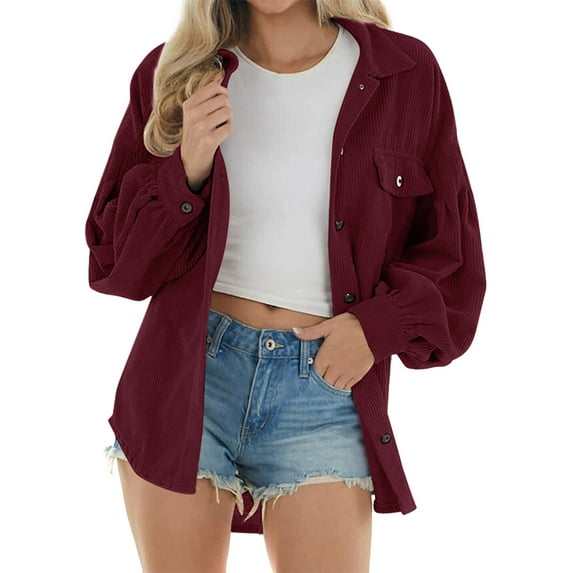 CILENON Long Jackets for Women Trendy Womens Corduroy Jacket Winter Shirt Turtleneck Coat Casual Jackets Warm Jacket With Button (Wine Red,XL)