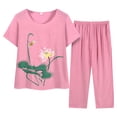 thumbnail image 1 of CILENON Lounge Wear for Women 2 Piece Set Women Summer Middle Aged And Elderly Embroidered Print Loose Fit Short Sleeve Top And Pants Set Athletic Sets for Women (Pink,XXXXL), 1 of 3