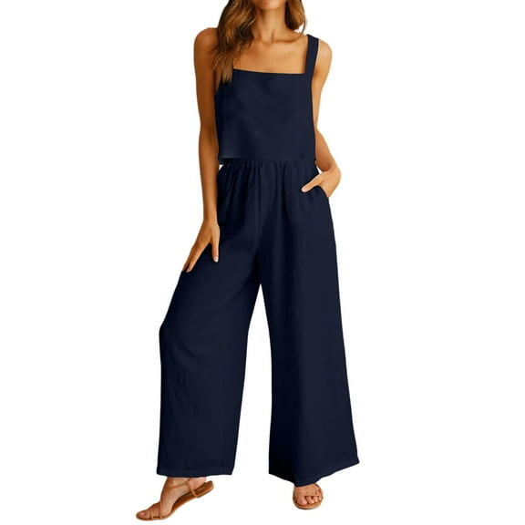 CILENON Loungewear Sets Woman Women's 2 Piece Outfits Square Neck Linen Tank Crop Top Wide Leg Pants Matching Set Tracksuit Loungewear for Travel Airplane Outfits Women Travel Outfit(Navy Blue,M)