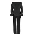 thumbnail image 1 of CILENON Loungewear Sets Woman Women's Spring And Autumn Leisure Loose Sleeve V Neck Top High Waist Wide Leg Pants Set 2 Piece Sweatshirt Loungewear for Travel Airplane Outfits (Black,XXL), 1 of 5