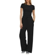 CILENON Matching Set Women's 2 Piece Outfits Sets Ruched Short Sleeve Tops And High Waisted Wide Leg Pants Tracksuit Sets Lounge Sets for Women Women Two Piece Outfits Sets Women Outfits(Black,S)