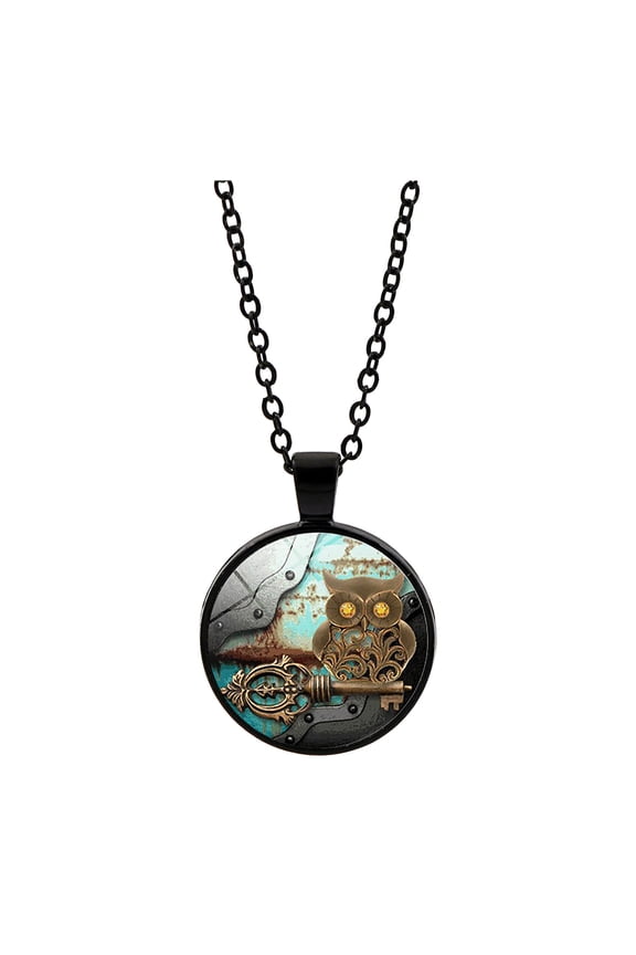 Metal Punk Owl Time Gemstone Necklace Couple Necklace Owl Necklace (Black,One Size)
