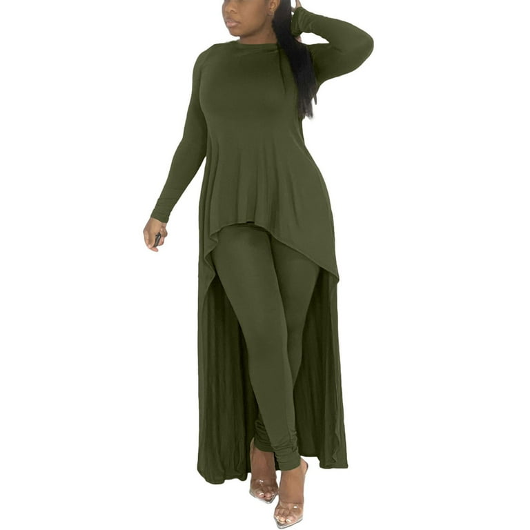 CILENON Modest Workout Clothes for Women Fall Winter Women Stretchy Wear 2024 Solid Color 2 Piece Top And Pants Set Ladies Casual Two Pcs Outfits Travel Sets for Women Clothing Set Army