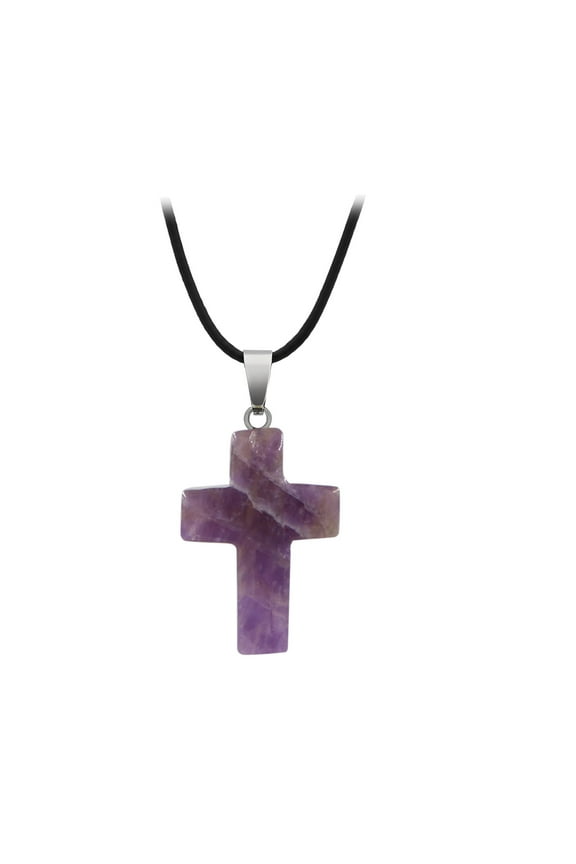 Natural Stone Cross Necklace Pendant Color Pattern Rough Stone Crystal Necklace (E,One Size)
