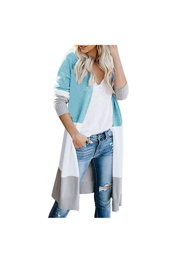 Oversized Cardigan Ladies Multicolor Knitted Sweater Stitching Striped Cardigan Sweater Coat (Blue,M)