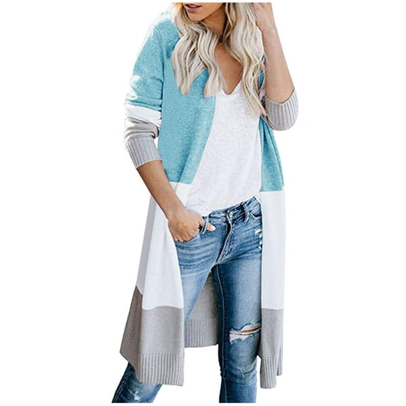CILENON Oversized Cardigan Ladies Multicolor Knitted Sweater Stitching Striped Cardigan Sweater Coat (Blue,S)