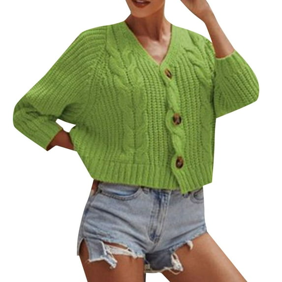 CILENON Oversized Cardigan Ladies Solid Color Button Sweater Knit Cropped Loose Cardigan Cardigan Sweaters for Women Lightweight(Green,M)