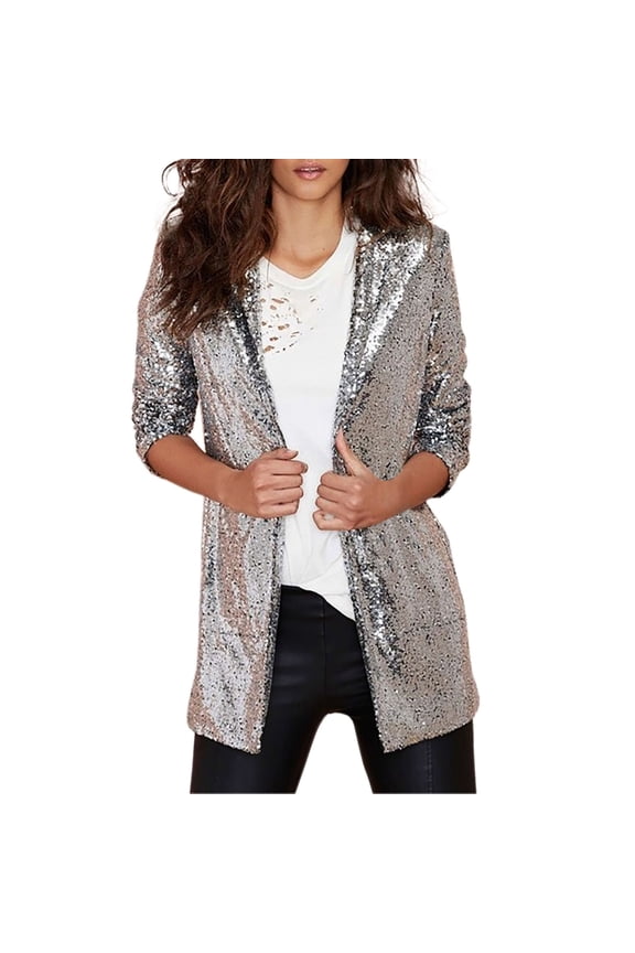 Oversized Cardigan Women Sequins Blazer Sequin Jacket Casual Long Sleeve Glitter Party Shiny Lapel Coat Rave Outerwear (Silver,XL)