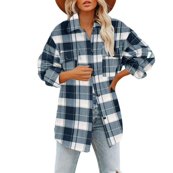 CILENON Oversized Cardigan Women's Plaid Shirts Long Sleeve Flannel Lapel Button Down Pocketed Shacket Jacket Coats (Black,XL)