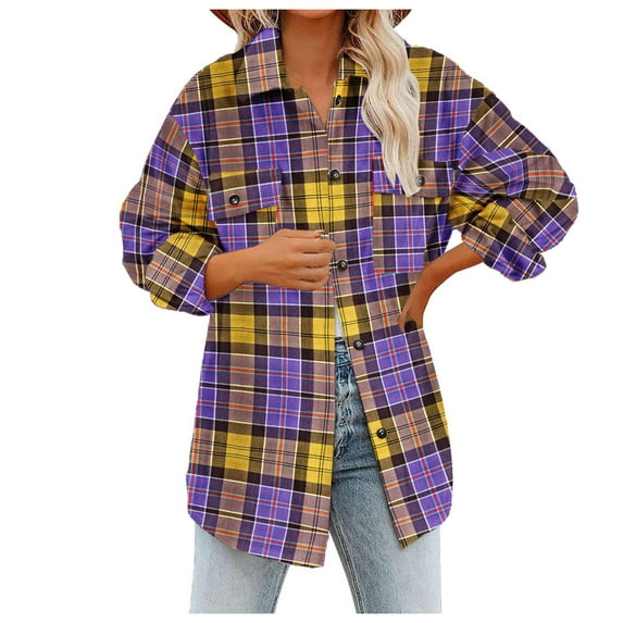 CILENON Oversized Cardigan Women's Plaid Shirts Long Sleeve Flannel Lapel Button Down Pocketed Shacket Jacket Coats (Purple,M)