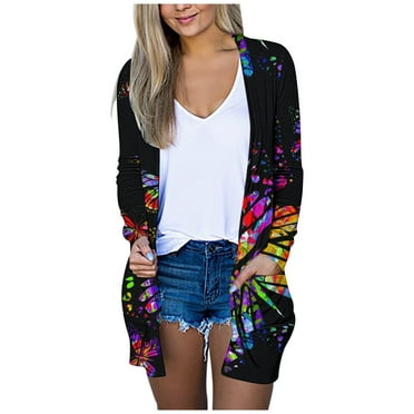 CILENON Oversized Cardigan Womens Ladies Butterfly Print V-Neck Cardigan Long Sleeve Coat Pockets Outerwear (Black,XXXL)