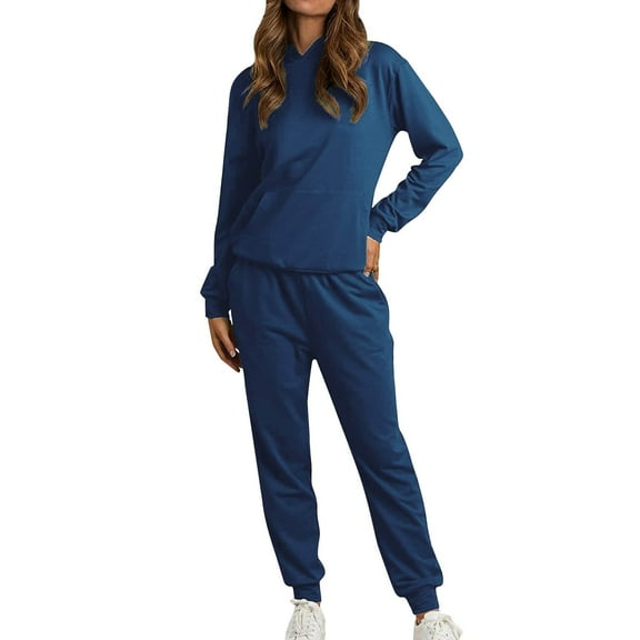 CILENON Plane Outfit Women Set Women's Casual Fall And Winter Long Sleeved Hooded With Pockets Pants Sports Sweater Casual Pants Sweater Set 2 Piece Travel Outfits for Women (Blue,XL)