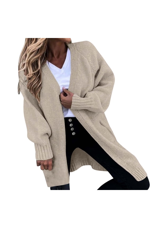 Plus Size Cardigan Custom Vintage Loose Fall Long Plain Knit Hooded Cardigan Sweater for Women (Khaki,L)