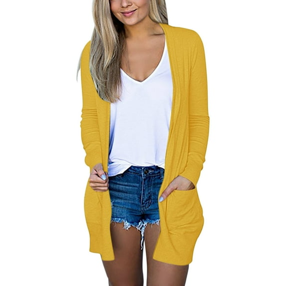 CILENON Plus Size Cardigan Long Sleeve Cardigan for Women Fall Open Front Cardigan With Pockets Casual Duster Lightweight Cardigan Sweater (Yellow,M)