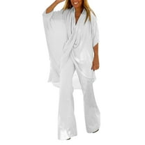 CILENON Plus Size Travel Outfits for Women 2 Piece Outfits for Women 2024 Summer Short Sleeve Wrap V Neck Tops Wide Leg Pants Set Pant Sets Women 2 Piece Outfits (White,XL)