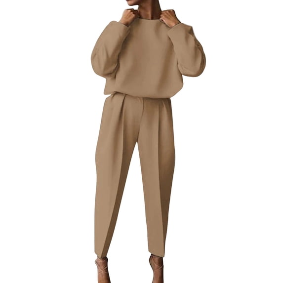 CILENON Plus Size Travel Outfits for Women Autumn And Winter Women's Loose Solid Color Long Sleeve Casual Two Piece Set Pant Sets Women 2 Piece Outfits Sweat Suit for Women 2 Piece Set (Coffee,M)