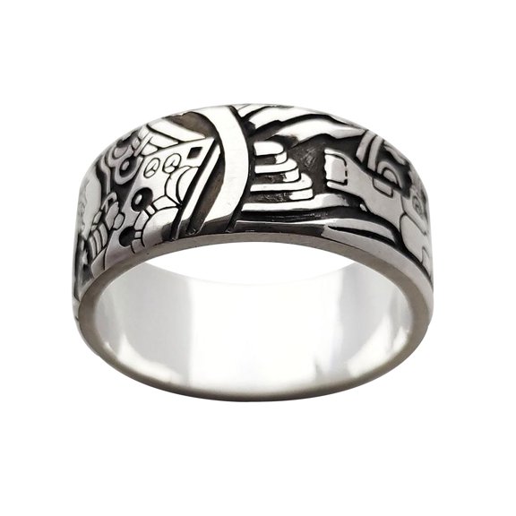 CILENON Retro Fashion Alien Spacecraft Ring Band Mechanic Stainless Steel Ring (C,One Size)