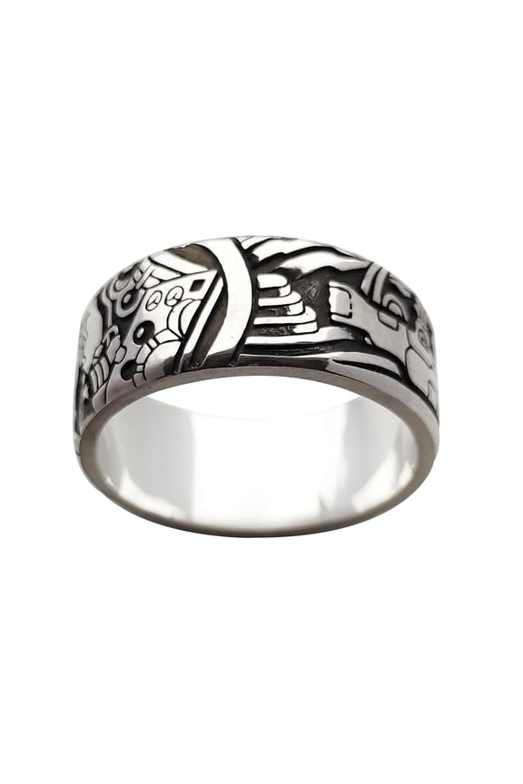 Retro Fashion Alien Spacecraft Ring Band Mechanic Stainless Steel Ring (C,One Size)