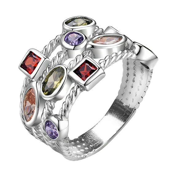 CILENON Rings for Women Sterling Silver Huitan Colorful Zirconia Delicate Women Ring Jewelry Wedding Bridal Band Fashion Cross Geometric Dancing Party Rings (Multi-color,10)
