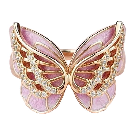 CILENON Rings for Women Sterling Silver Women's Butterfly Ring Engagement Rings Statement Rings for All Women Holiday Gifts Rings for Women Non Tarnish Pinky Ring (Pink,9)