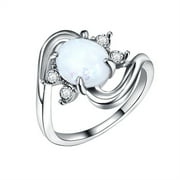 CILENON Rose Gold Rings for Women Opal Ring Round Opal White Stone Hand Jewelry Fashion Jewelry Ring Gold Ring Gold Filled Ring Gold Ring Set(Silver,7)