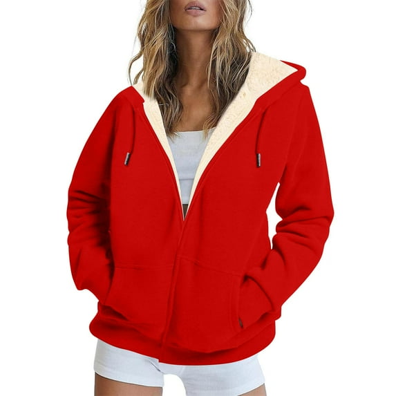CILENON Santa Christmas Fleece Lined Jackets for Women Winter Coats Zip Up Hoodies Sweatshirts Warm Sherpa Cardigan Sweater With Pocket Yellow Raincoat(Red,S)