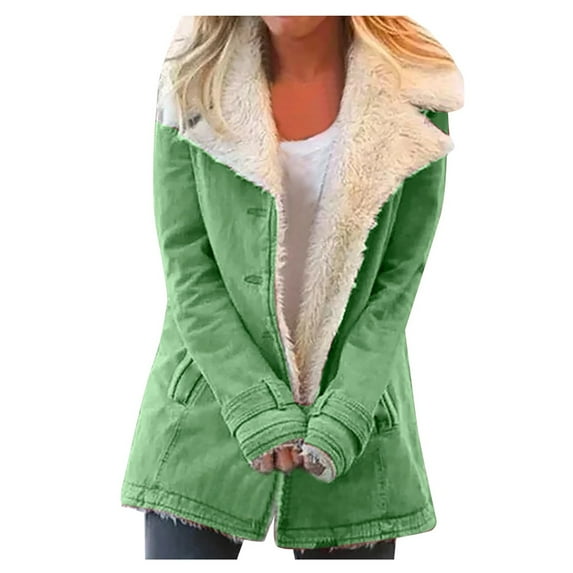 CILENON Sherpa Jacket for Women 2024 Winter Warm Coat Fleece Lined Coat Mid Length Winter Jacket Plus Size Sherpa Outwear Clearance(Green,XXXXL)