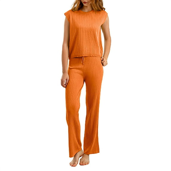 CILENON Sport Clothes for Women Women's Sleeveless Solid Color Baggy Plus Size Casual Two Piece Elastic Pantsuit for Home Wear Womens 2 Piece Outfits Womens Loungewear (Orange,One Size)