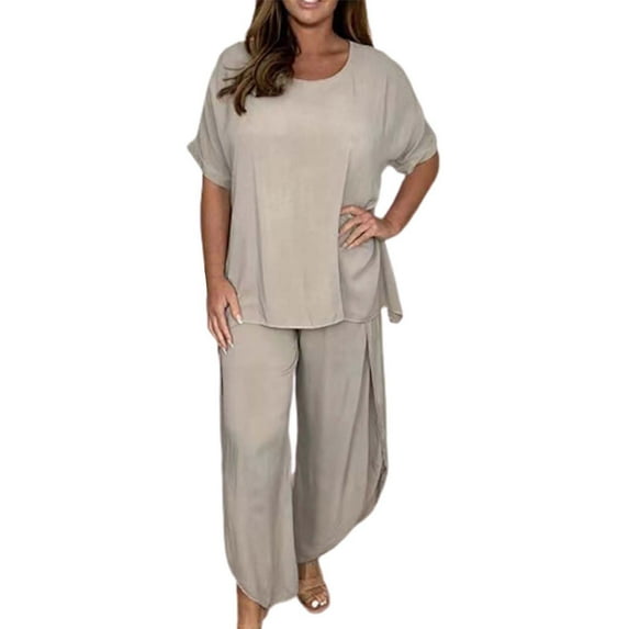 CILENON Sports Wear for Women Women's Fashion Casual Loose Plus Size Suits European And American Short Sleeves Conjunto De 2 Piezas Para Mujer Womens Clothing Set Womens Jogger Set(Beige,XL)