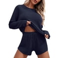 thumbnail image 1 of CILENON Summer Outfits for Women Womens Knitted Pajamas Suit Long Sleeved Top And Shorts With Casual Wear Suit Casual Wear Sports Suit Summer Short Sets for Women (Blue2,L), 1 of 6