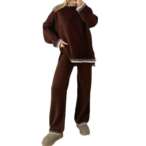CILENON Sweat Outfits for Women 2 Pieces Women's 2 Piece Sweasuit Outfits Long Sleeve Knit Pullover Tops Wide Leg Pants Tracksuits Sweat Suits Womens Sweatsuits Women Sweat Suits 2 Piece Set(Brown,M)