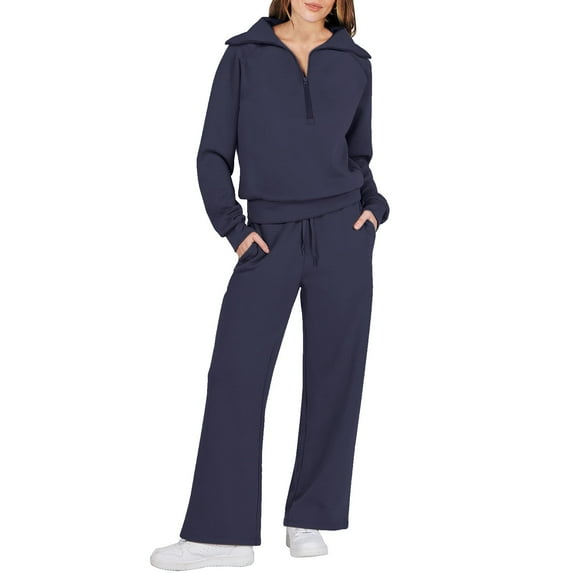 CILENON Sweat Suit Women Two Piece Outfits Sweatsuit Set Quarter Zip Sweatshirt Wide Leg Sweatpant Fall Set Tracksuit Matching Sets Women Clothing Athleisure Sets Women (Navy Blue,XXL)