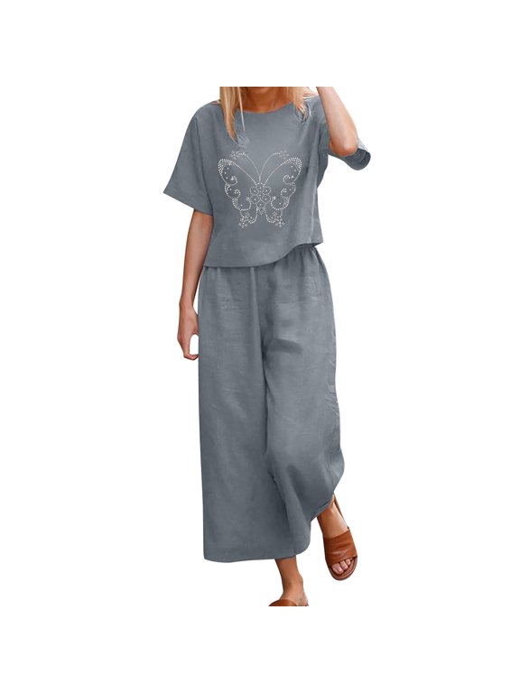 Sweat Suit Women Womens Casual Printing Suit Crew Neck Short Sleeve Shirt And Trousers Pants Two Piece Set 2 Piece Sets for Women Comfy Travel Outfits for Women (Gray,M)
