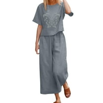 CILENON Sweat Suit Women Womens Casual Printing Suit Crew Neck Short Sleeve Shirt And Trousers Pants Two Piece Set 2 Piece Sets for Women Comfy Travel Outfits for Women (Gray,M)