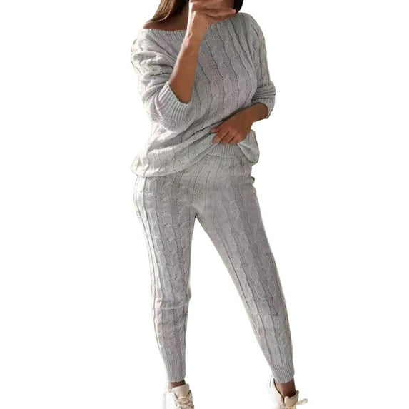 CILENON Sweatsuits Women 2 Piece Outfit Women's Solid Colour Round Neck Sweater Top Trouser Set Track Suits for Women Set Travel Set Womens Clothing Travel Outfits for Women(Gray,XXXL)