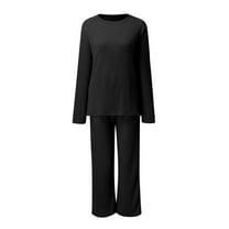 CILENON Sweatsuits for Women Women High Neck Set Casual Side Slit Knitted Sweater Pullover Top Wide Leg Pants 2 Piece Tracksuit Sweatsuit Conjuntos Deportivos Para Mujer (Black,L)