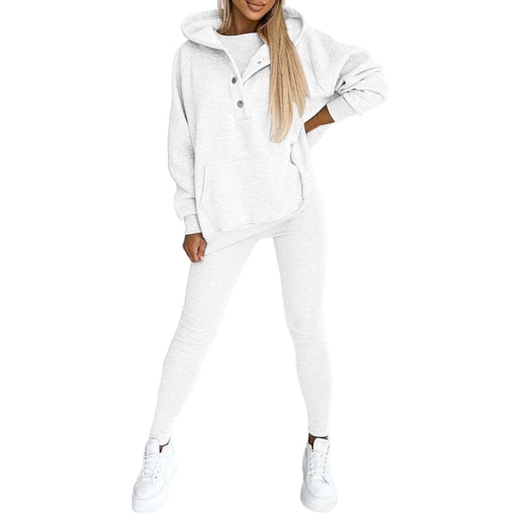 CILENON Terry Cloth Rompers for Women 3Pcs Women's Sports Suit Loose Hooded Pockets Sweatshirt And Vest And Slim Trousers Ropa Deportiva Para Mujer Camping Outfits for Women Womens Sweats(White,M)