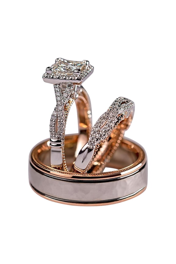 Three-Piece Ring Rose Gold Color Separation Sparkling Zircon Ring (Rose Gold,6)