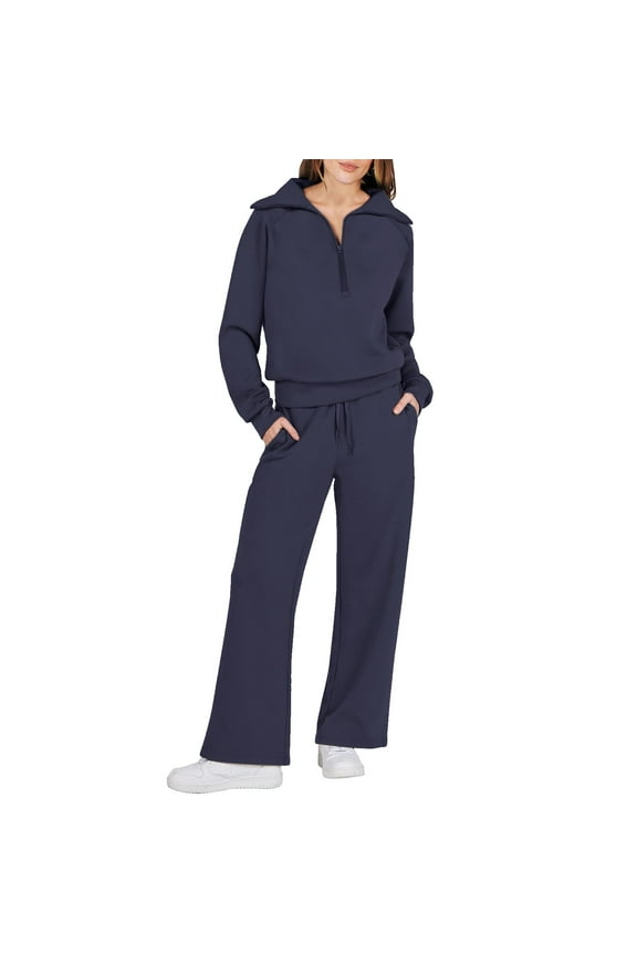 Travel Outfit Women Two Piece Outfits Sweatsuit Set Quarter Zip Sweatshirt Wide Leg Sweatpant Fall Set Tracksuit Womens Sets 2 Piece Outfits Sweat Set for Women Sweat Suit(Navy Blue,XL)