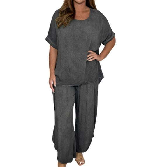 CILENON Travel Outfit Women's Fashion Casual Loose Plus Size Suits European And American Short Sleeves Womens Sets 2 Piece Outfits Sweat Set for Women Sweat Suit(Gray,XXL)