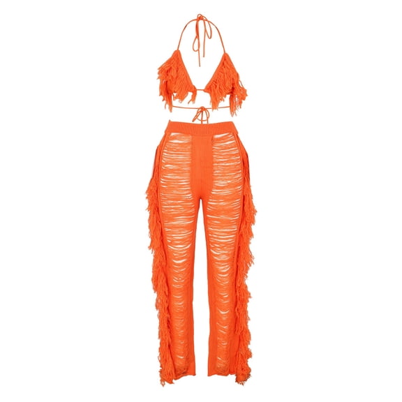 CILENON Travel Outfit Women's Sexy Tassel Knit Pants Set Womens Sets 2 Piece Outfits Sweat Set for Women Sweat Suit(A,XL)
