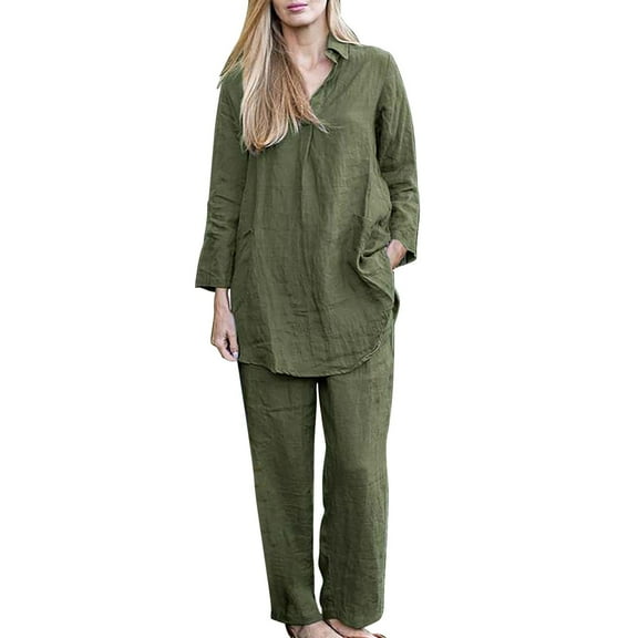 CILENON Travel Outfits for Women Ladies Loose Lapel Long Sleeve Shirt Wide Leg Solid Color Elegant Casual Retro Suit Women Casual Outfits Yoga Sets for Women (Green,XXL)