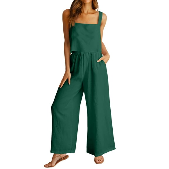 CILENON Travel Outfits for Women On Plane Women's 2 Piece Outfits Square Neck Linen Tank Crop Top Wide Leg Pants Matching Set Tracksuit Sweatsuits for Women Sweatsuit (Blue,L)