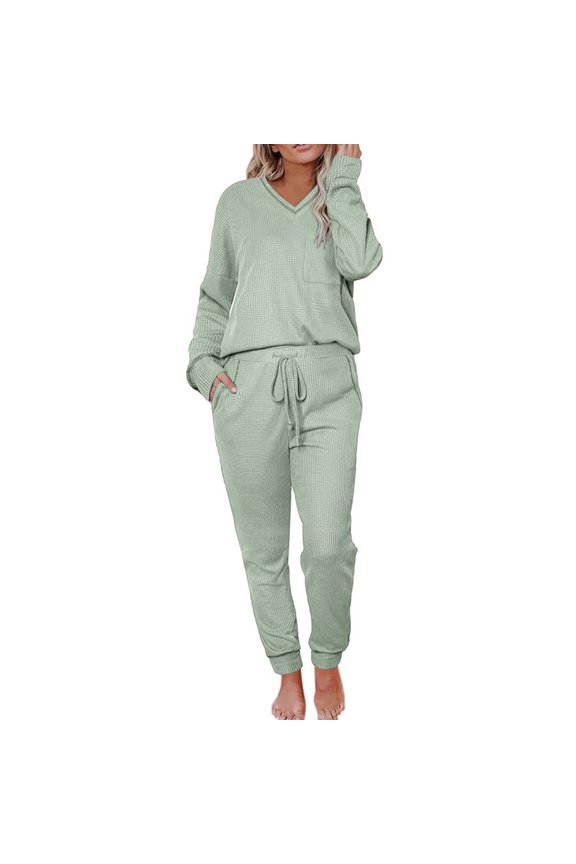 Travel Outfits for Women On Plane Women's Solid Color Fashionable Casual V Neck Long Sleeved Pocket Drawstring Pants Set Sweatsuits for Women Sweatsuit (Green,S)