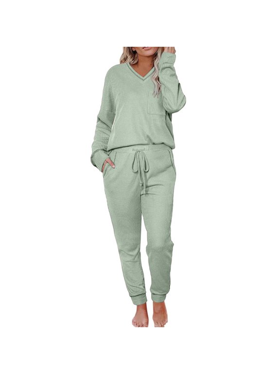 Travel Outfits for Women On Plane Women's Solid Color Fashionable Casual V Neck Long Sleeved Pocket Drawstring Pants Set Sweatsuits for Women Sweatsuit (Green,S)